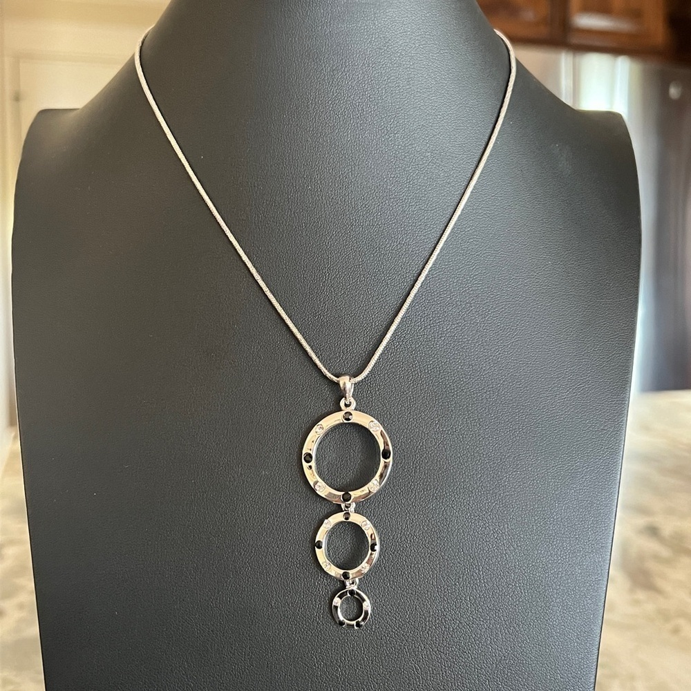 Cookie Lee Triple Circle Drop Necklace Black and Clear Rhinestone Silver